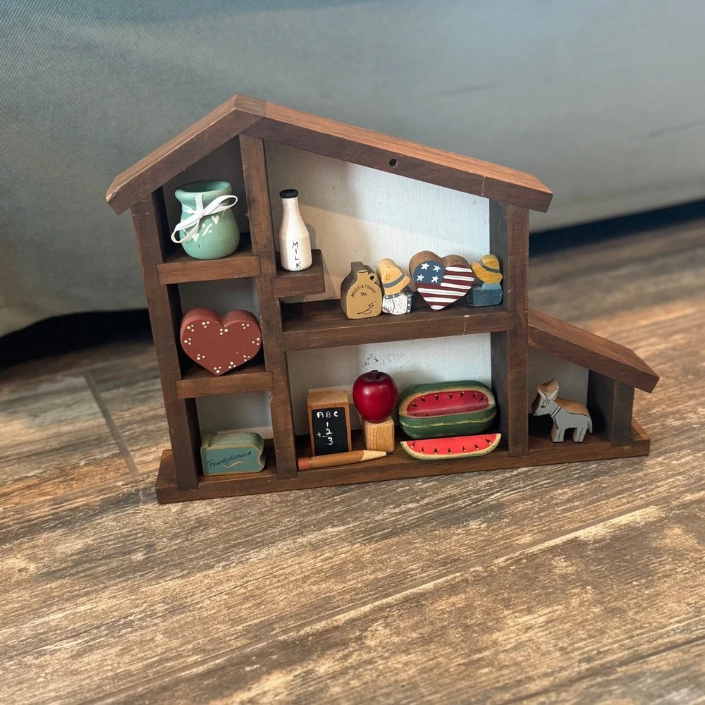 Americana Primitive Wood Shadow Box Shelf Miniatures Folk Art Farmhouse Trinket
